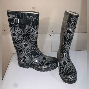 Black Floral Rain Boots